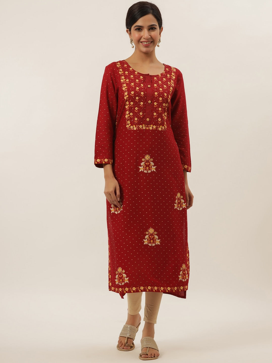 Red Floral Printed Kurta-Yufta Store-5809KURRDM