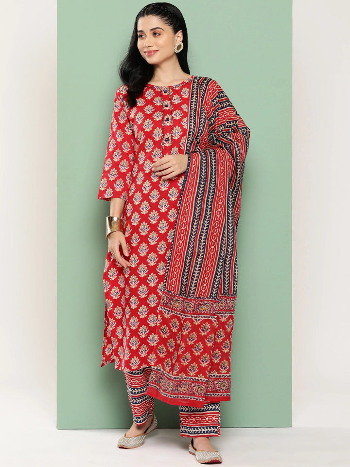 Red Floral Printed Regular Sequinned Pure Cotton Kurta with Trousers & With Dupatta Set-Yufta Store-1393SKDRDS