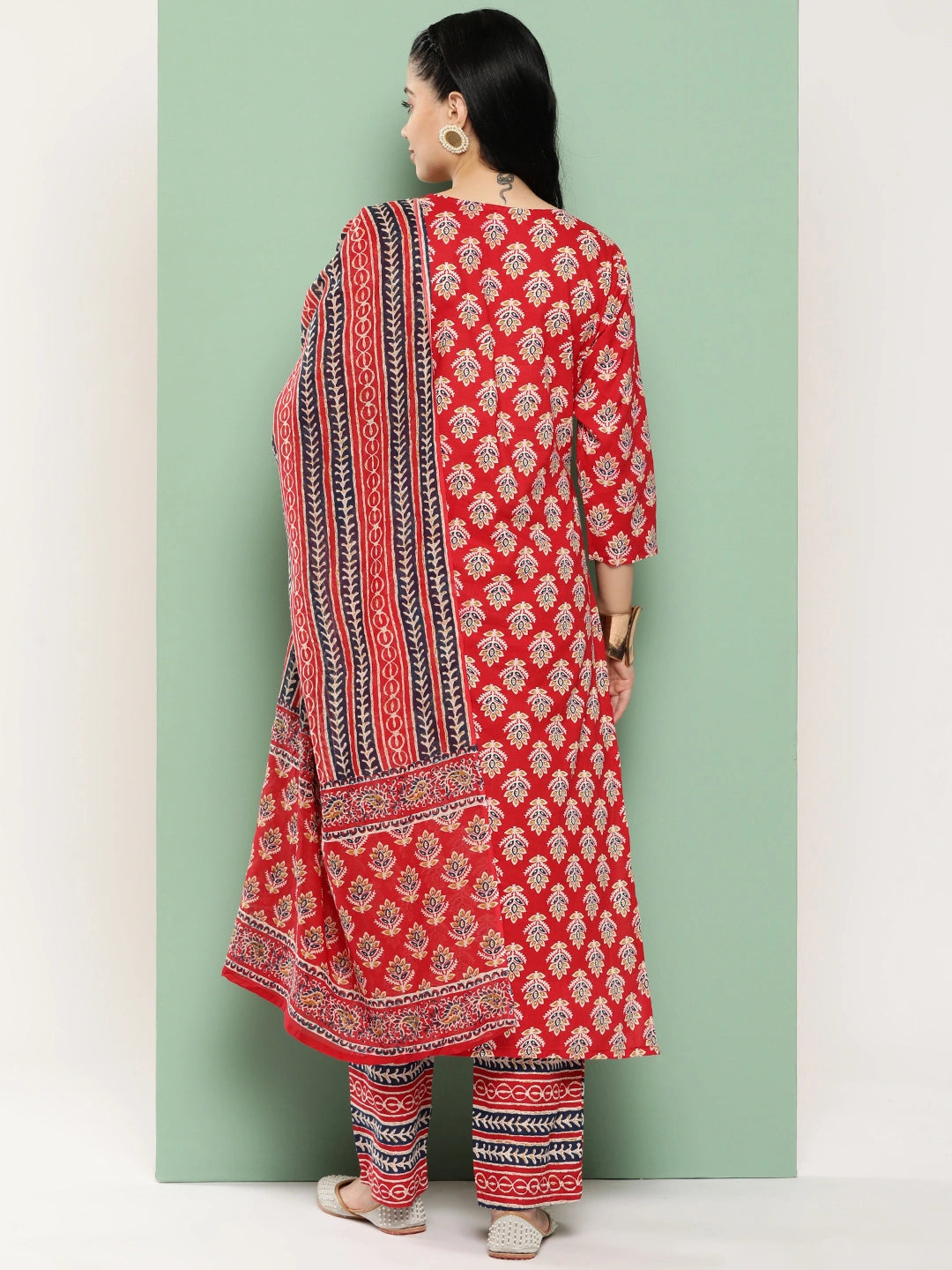 Red Floral Printed Regular Sequinned Pure Cotton Kurta with Trousers & With Dupatta Set-Yufta Store-1393SKDRDS