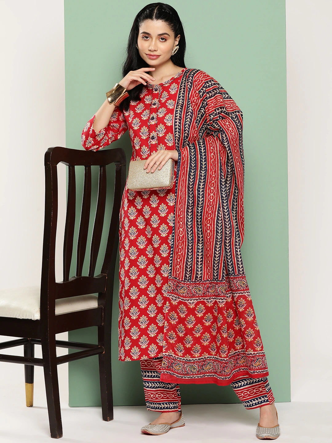 Red Floral Printed Regular Sequinned Pure Cotton Kurta with Trousers & With Dupatta Set-Yufta Store-1393SKDRDS