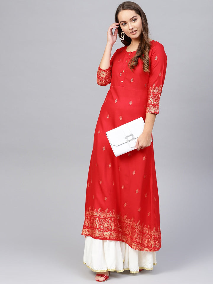 Red & Golden Printed Kurta-Yufta Store-2616SETRDS