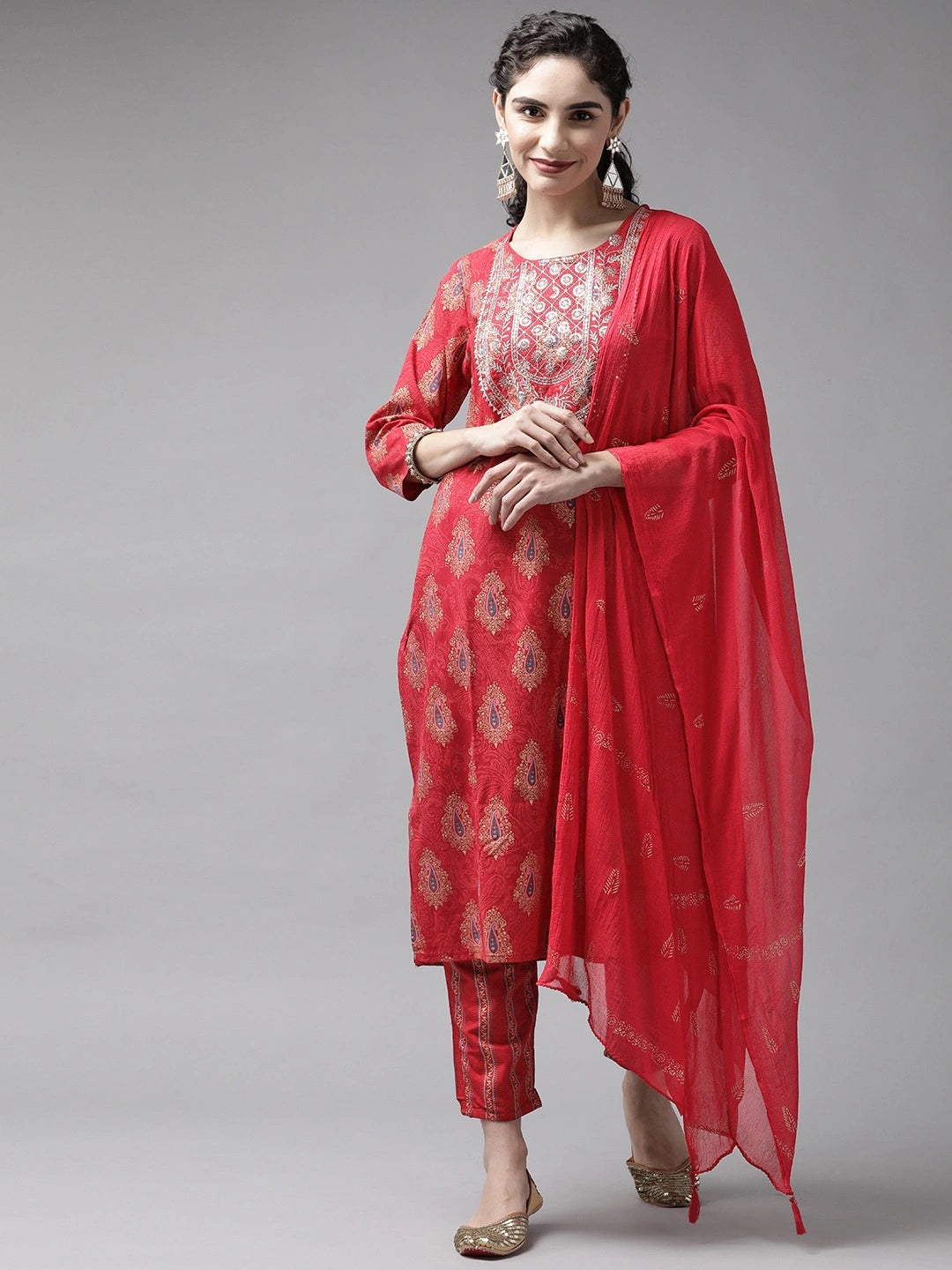 Red Gotta Patti Dupatta Set-Yufta Store-6507SKDRDM