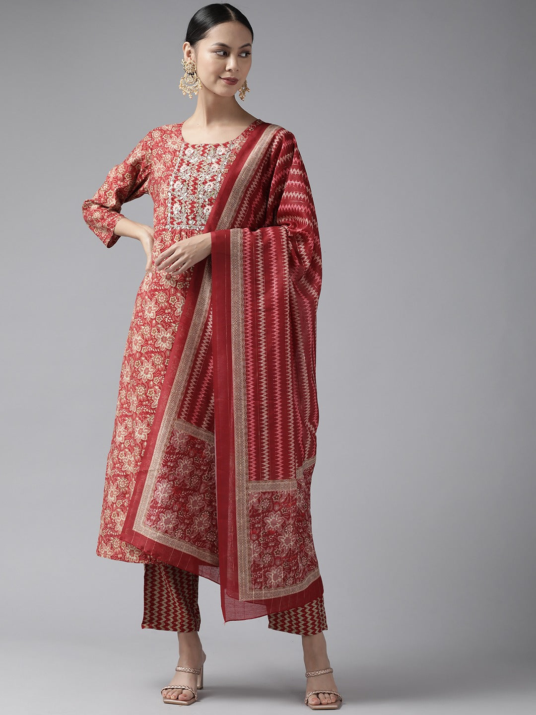 Red Gotta Patti Dupatta Set-Yufta Store-9998SKDRDS