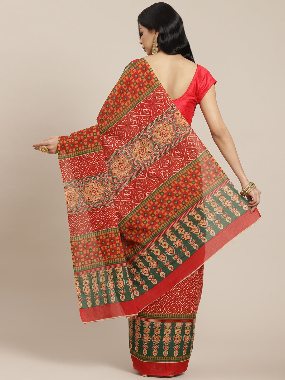 Red & Green Ethnic Motifs Saree-Yufta Store-6019SARRD