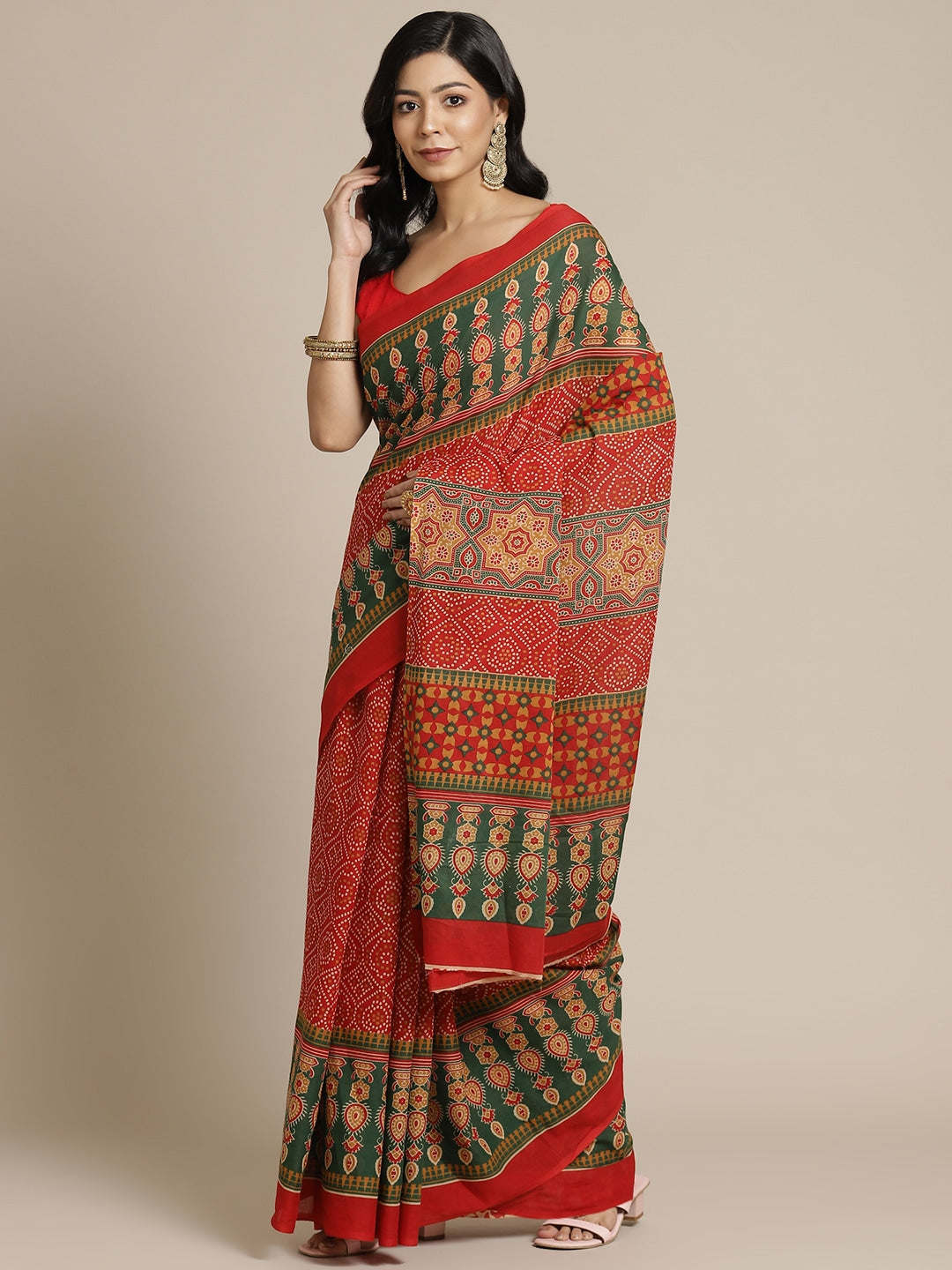 Red & Green Ethnic Motifs Saree-Yufta Store-6019SARRD