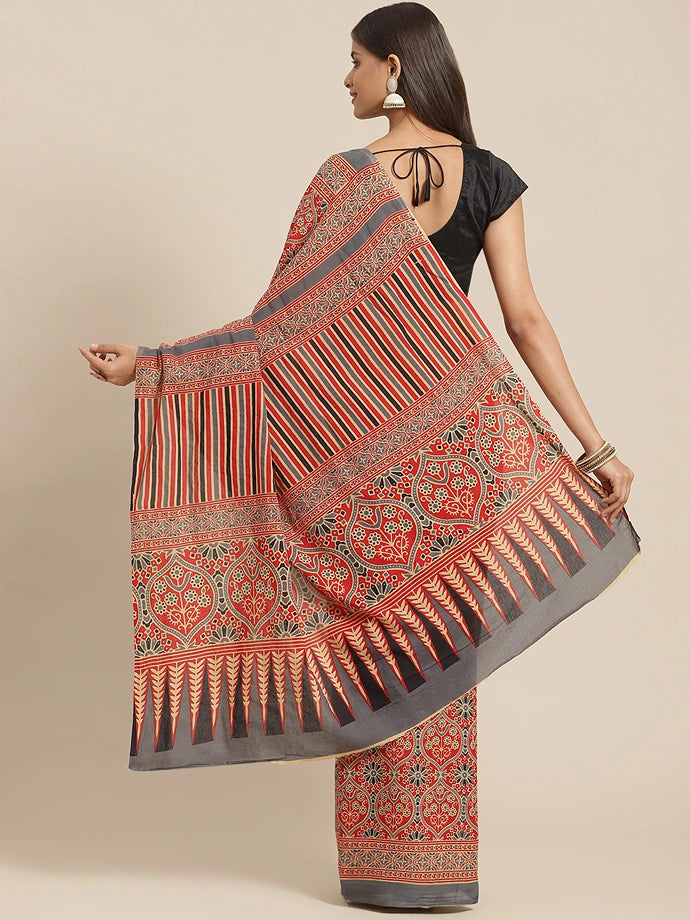 Red & Grey Printed Saree