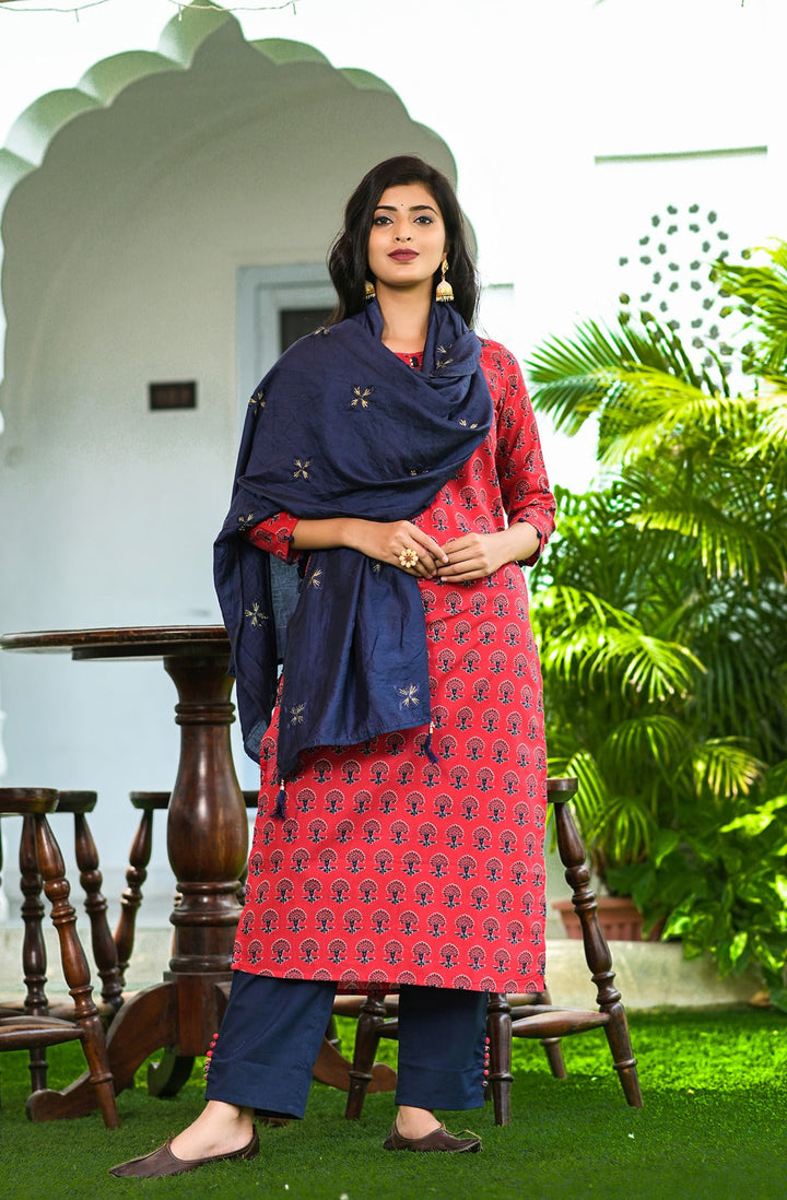 Red Handblock Printed Dupatta Set-Yufta Store-9012SKDRDS