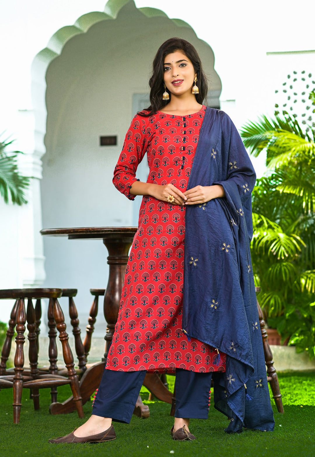 Red Handblock Printed Dupatta Set-Yufta Store-9012SKDRDS