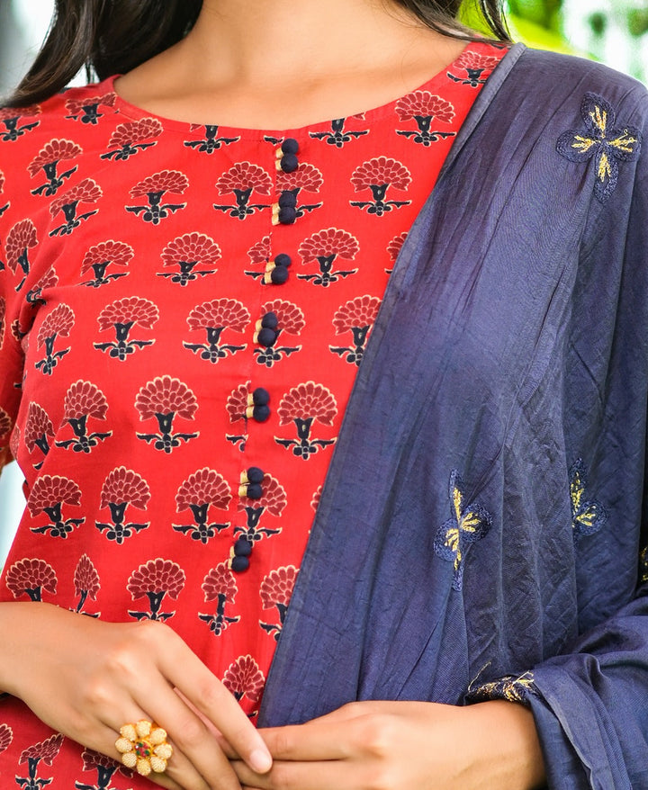 Red Handblock Printed Dupatta Set-Yufta Store-9012SKDRDS