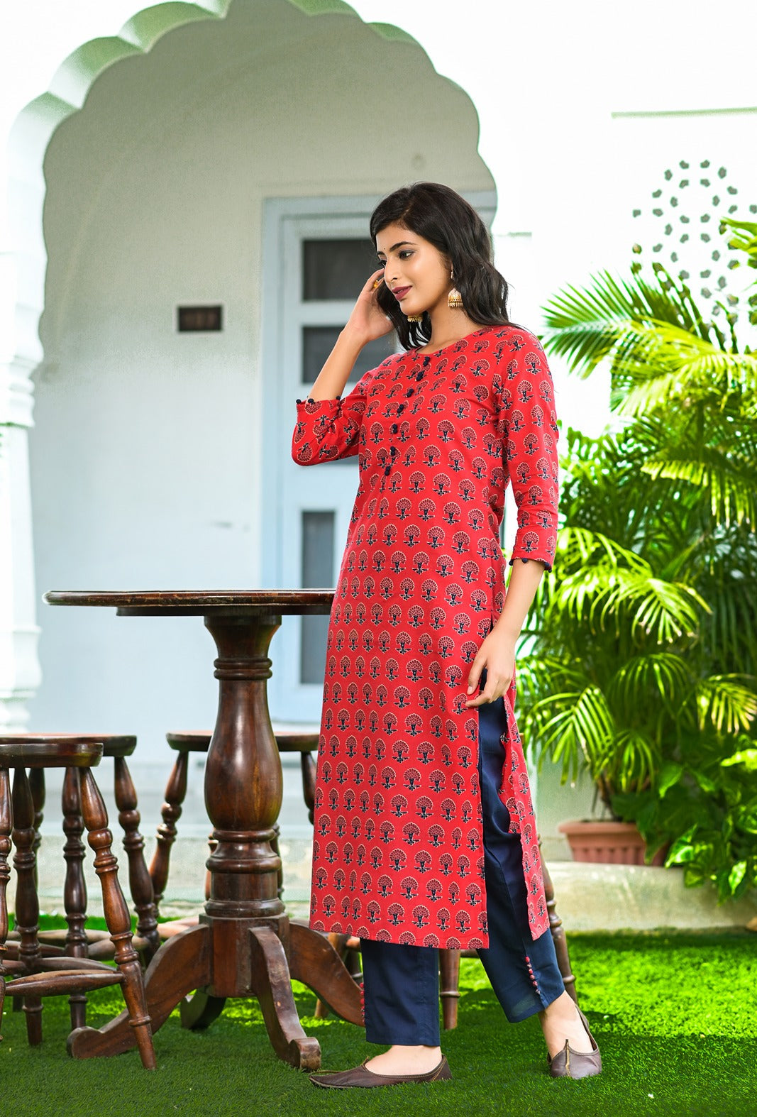 Red Handblock Printed Dupatta Set-Yufta Store-9012SKDRDS