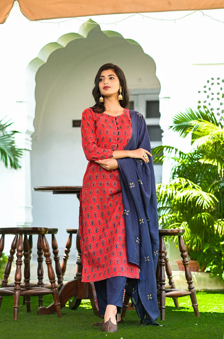 Red Handblock Printed Dupatta Set-Yufta Store-9012SKDRDS