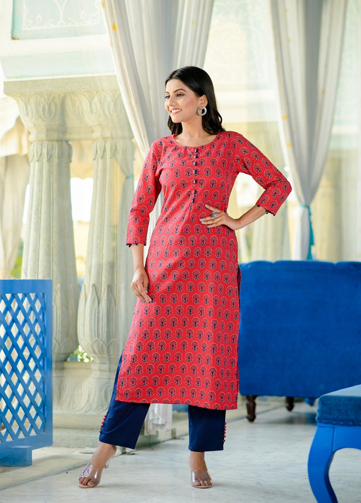 Red Handblock Printed Kurta Set-Yufta Store-9012SETRDS