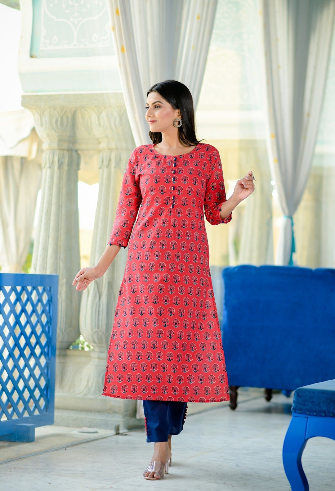 Red Handblock Printed Kurta Set-Yufta Store-9012SETRDS