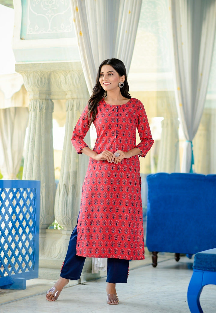 Red Handblock Printed Kurta Set-Yufta Store-9012SETRDS