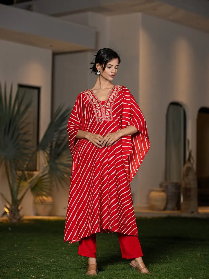 Red Leheriya Embroidered Kaftan Kurta Set-Yufta Store-6899SETRDS