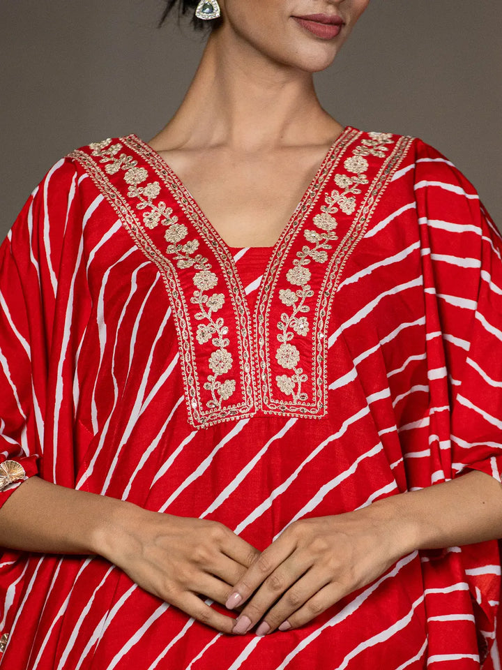 Red Leheriya Embroidered Kaftan Kurta Set-Yufta Store-6899SETRDS