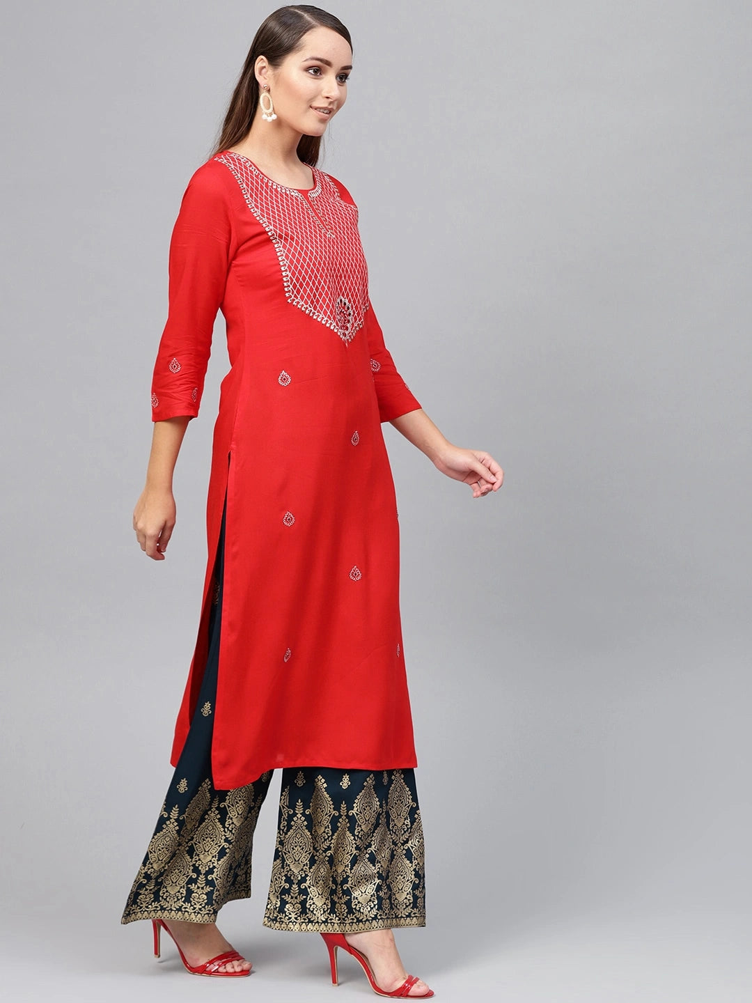 Red & Navy Blue Embroidered Kurta Set-Yufta Store-2630SETRDS