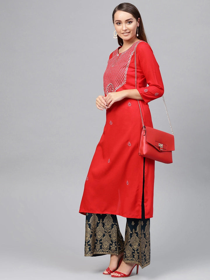 Red & Navy Blue Embroidered Kurta Set-Yufta Store-2630SETRDS