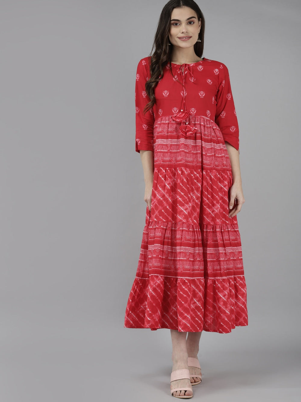 Red & Off White Midi Dress-Yufta Store-9458DRSRDS