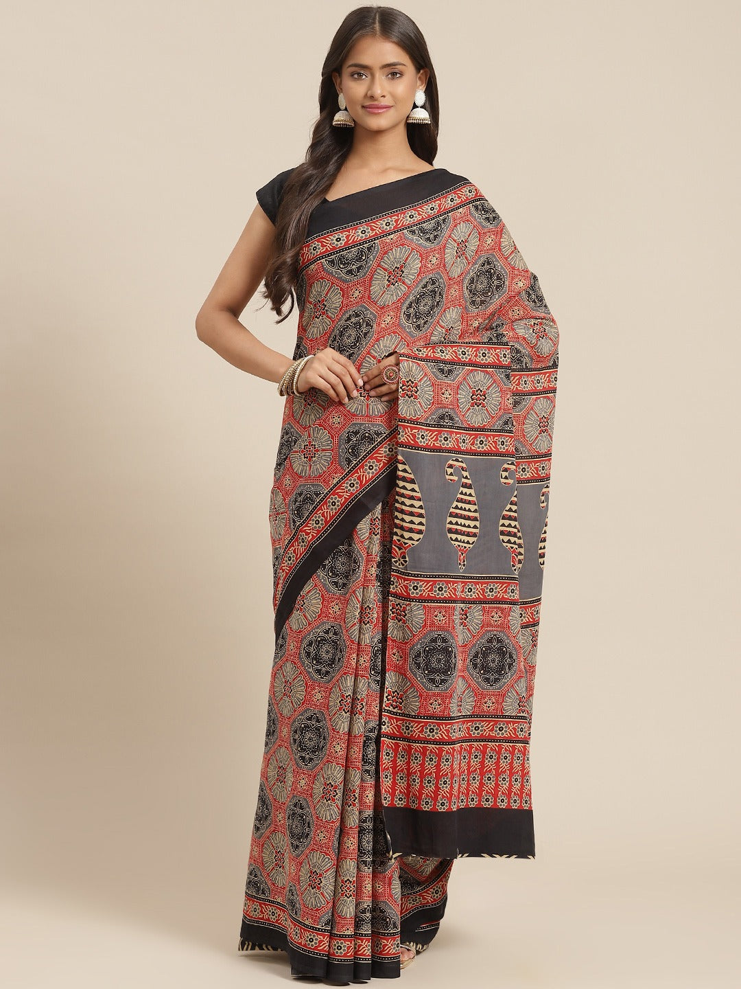 Red & Olive Green Printed Saree