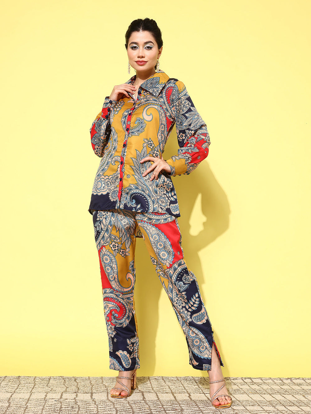 Red Paisley Printed Satin Co-Ords-Yufta Store-1450CRDRDS