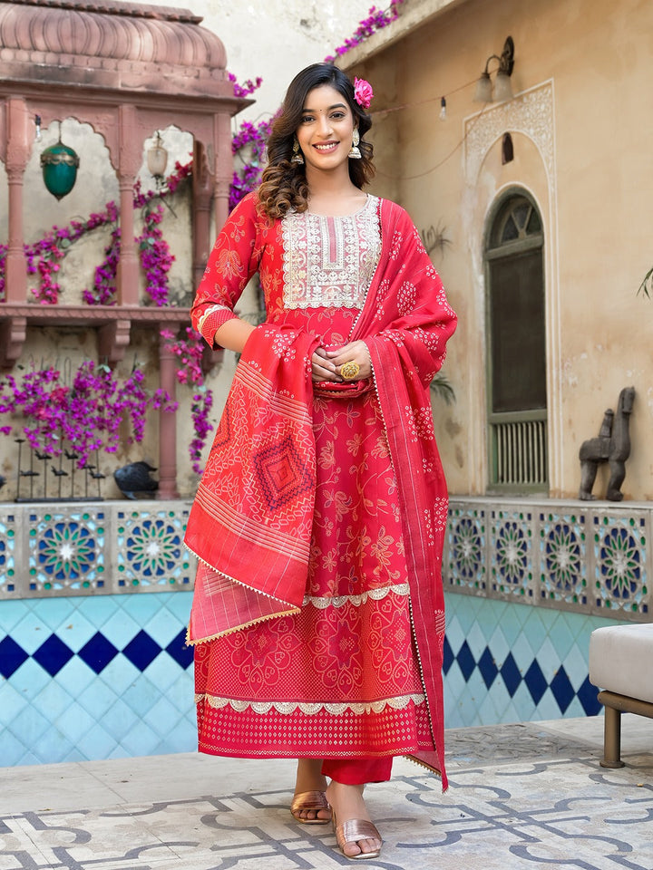 Red Patch_Work Kurta Trouser with Dupatta Set