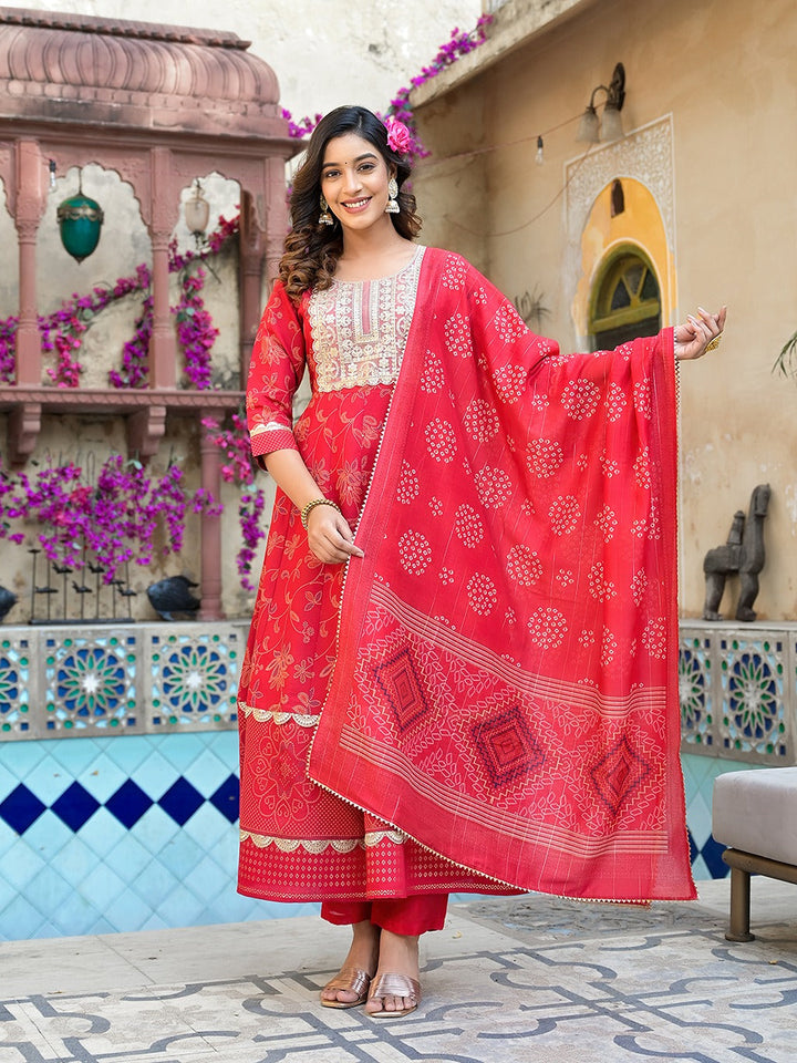 Red Patch_Work Kurta Trouser with Dupatta Set