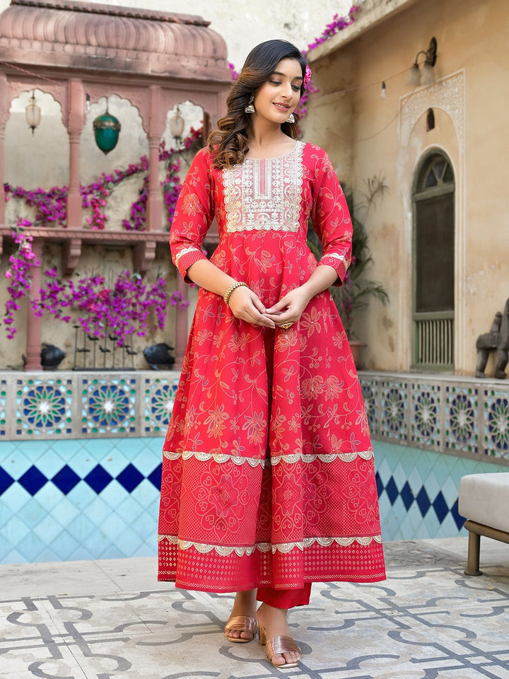 Red Patch_Work Kurta Trouser with Dupatta Set-Yufta Store-1747SKDRDS