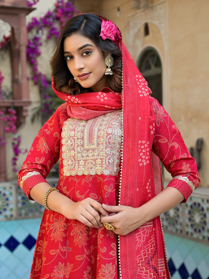 Red Patch_Work Kurta Trouser with Dupatta Set