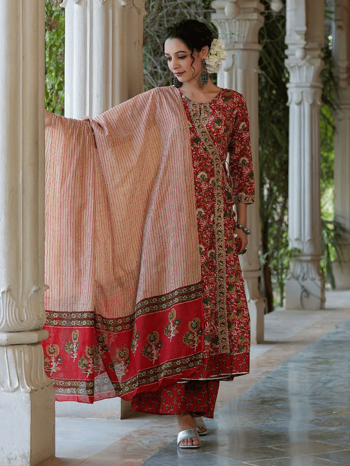 Red Printed Angrakha Cotton Dupatta Set