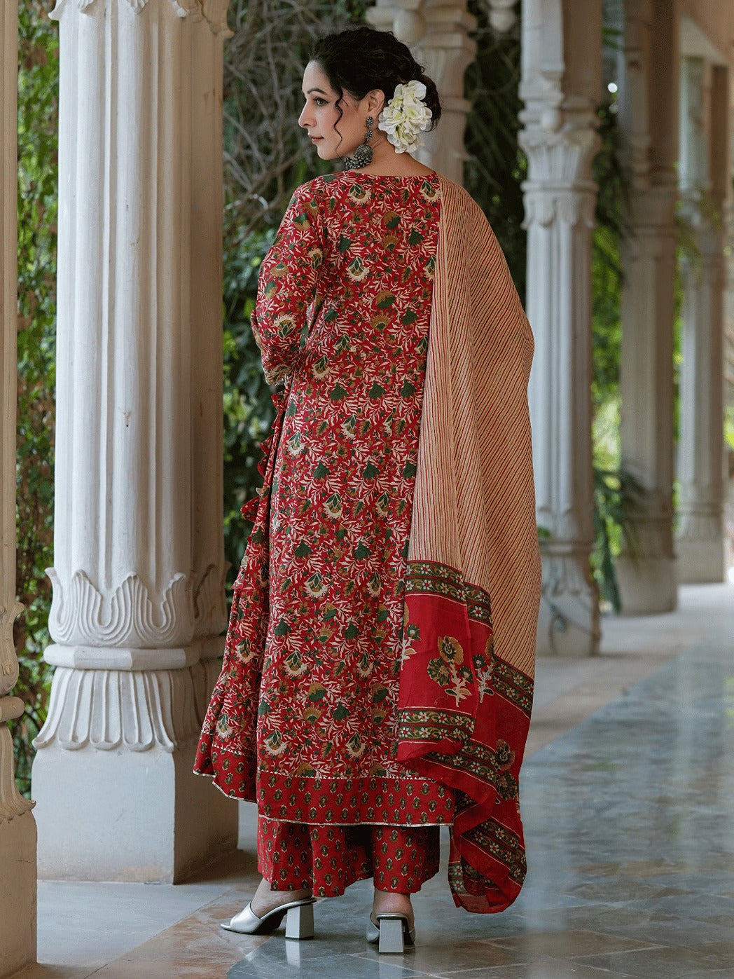 Red Printed Angrakha Cotton Dupatta Set