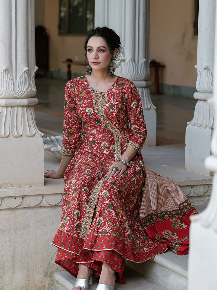 Red Printed Angrakha Cotton Dupatta Set