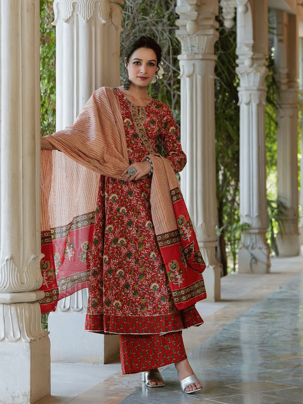 Red Printed Angrakha Cotton Dupatta Set-Yufta Store-9565SKDRDS