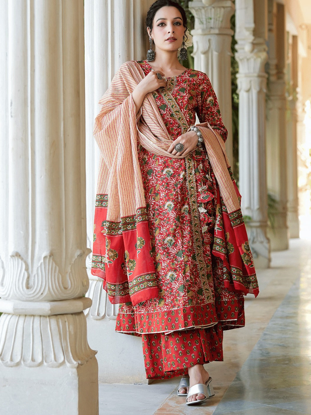 Red Printed Angrakha Cotton Dupatta Set