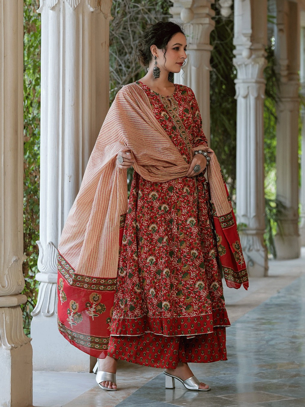 Red Printed Angrakha Cotton Dupatta Set-Yufta Store-9565SKDRDS