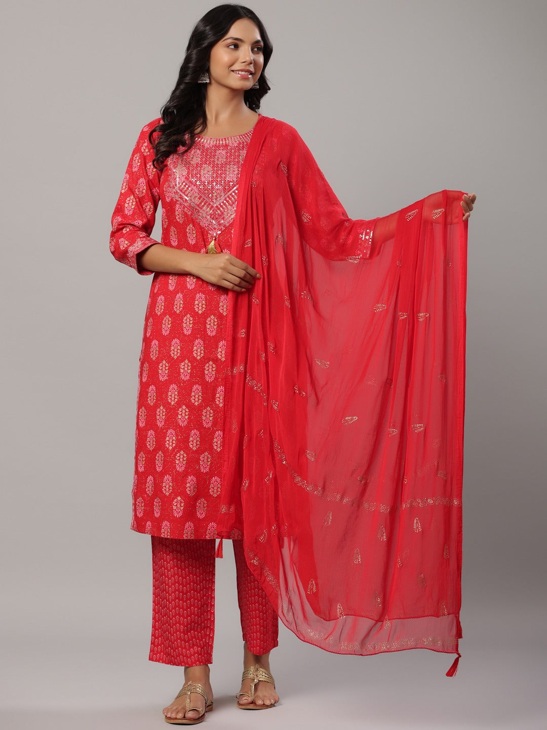 Red Printed Dupatta Set-Yufta Store-6504SKDRDM