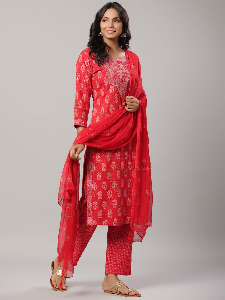 Red Printed Dupatta Set-Yufta Store-6504SKDRDM