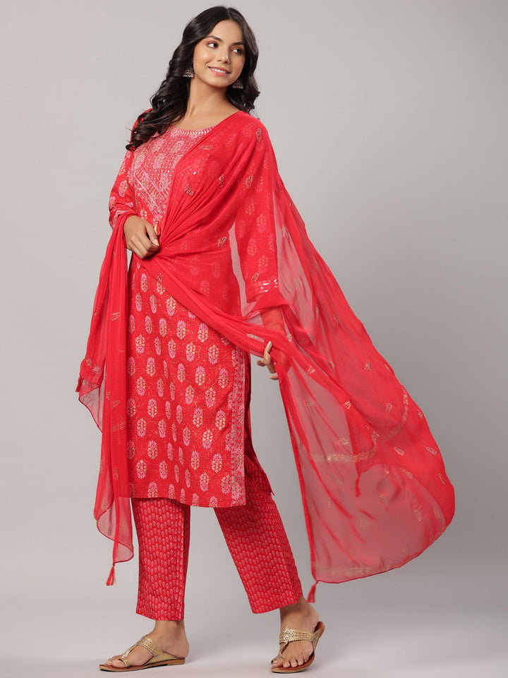 Red Printed Dupatta Set-Yufta Store-6504SKDRDM