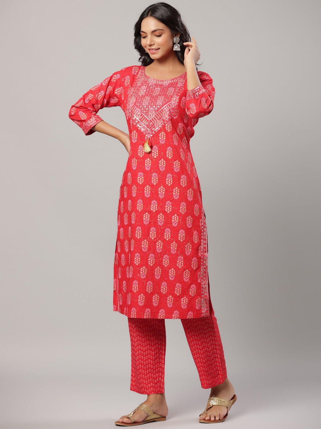 Red Printed Dupatta Set-Yufta Store-6504SKDRDM