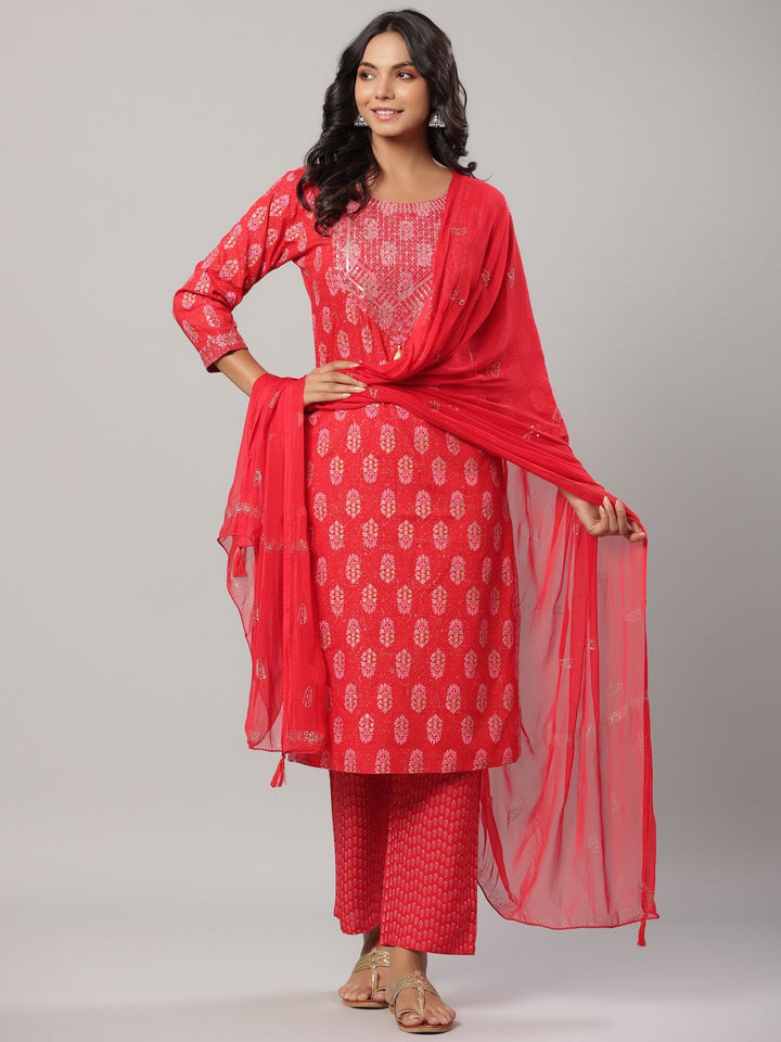 Red Printed Dupatta Set-Yufta Store-6504SKDRDM