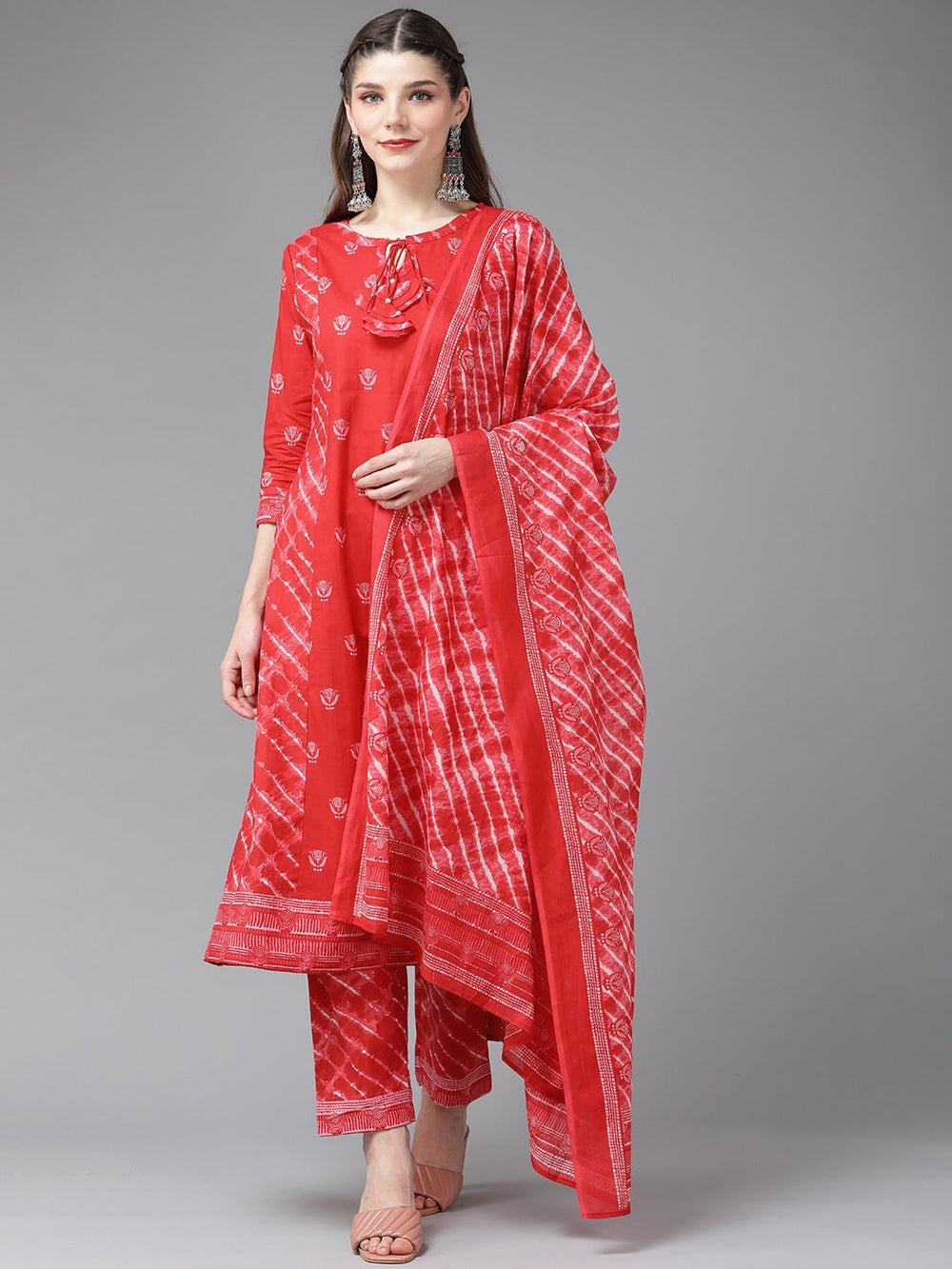 Red Printed Dupatta Set-Yufta Store-9467SKDRDS