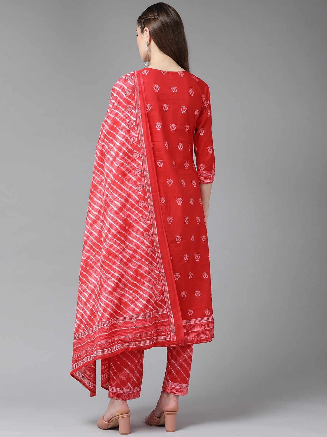 Red Printed Dupatta Set-Yufta Store-9467SKDRDS