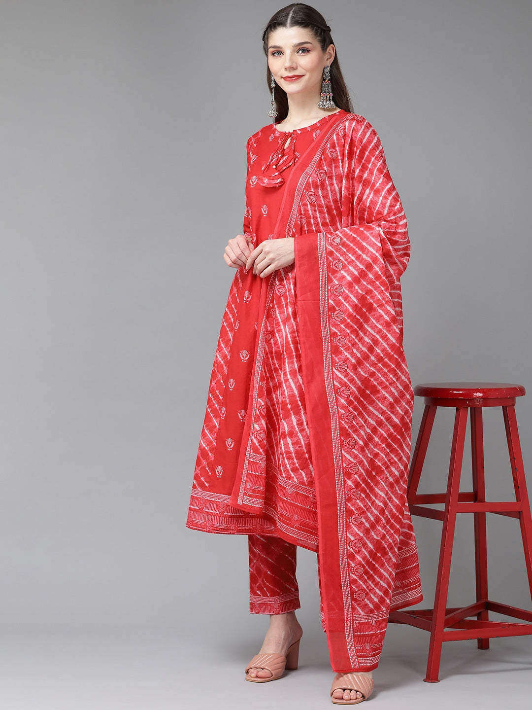 Red Printed Dupatta Set-Yufta Store-9467SKDRDS