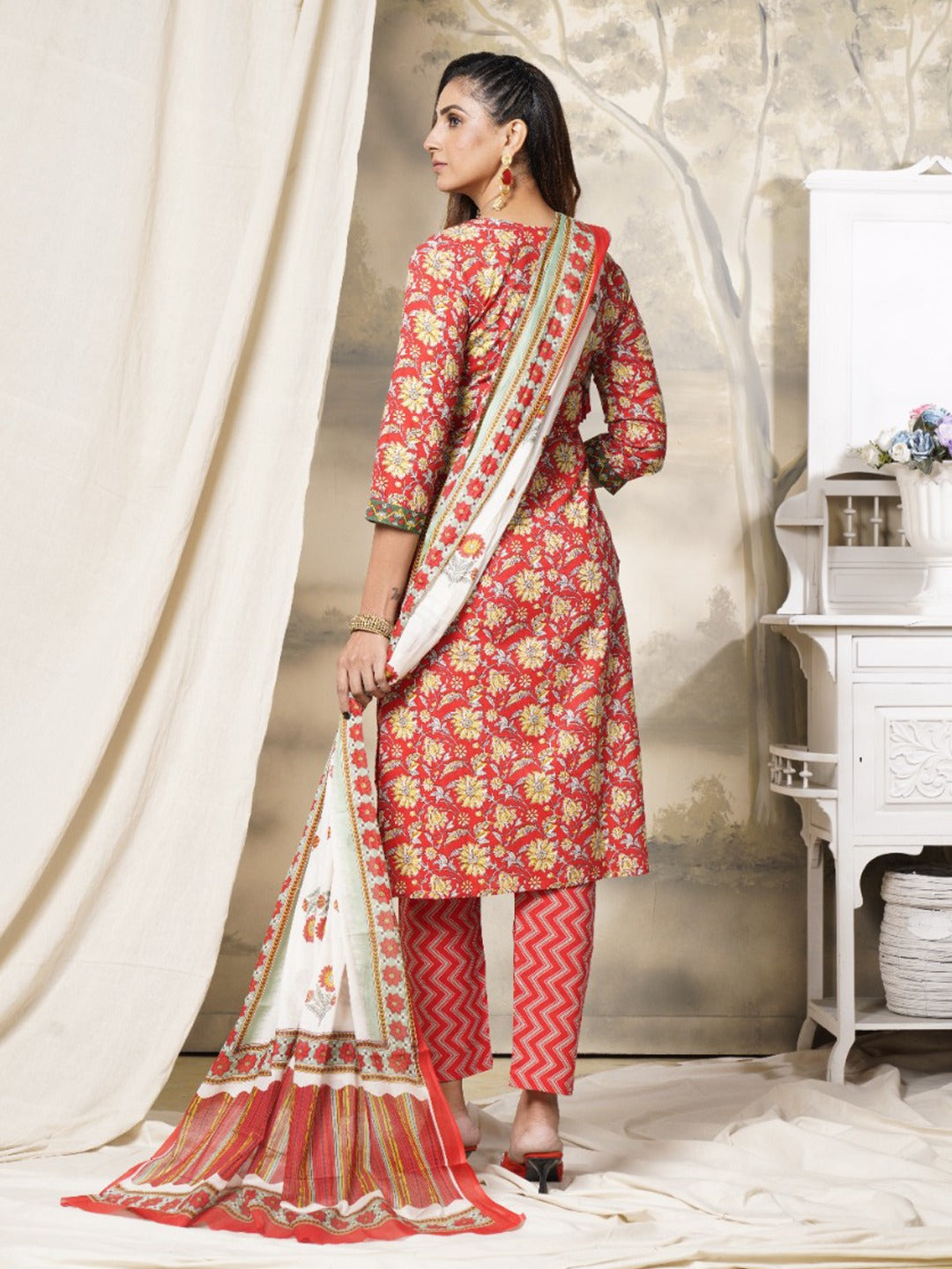 Red Printed Dupatta Set-Yufta Store-9992SKDRDS