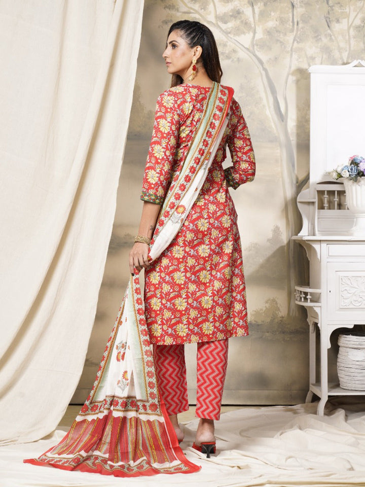 Red Printed Dupatta Set-Yufta Store-9992SKDRDS