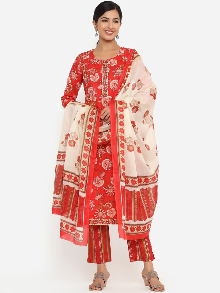 Red Printed Gotta Patti Dupatta Set-Yufta Store-9800SKDRDS