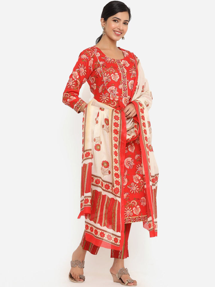 Red Printed Gotta Patti Dupatta Set-Yufta Store-9800SKDRDS