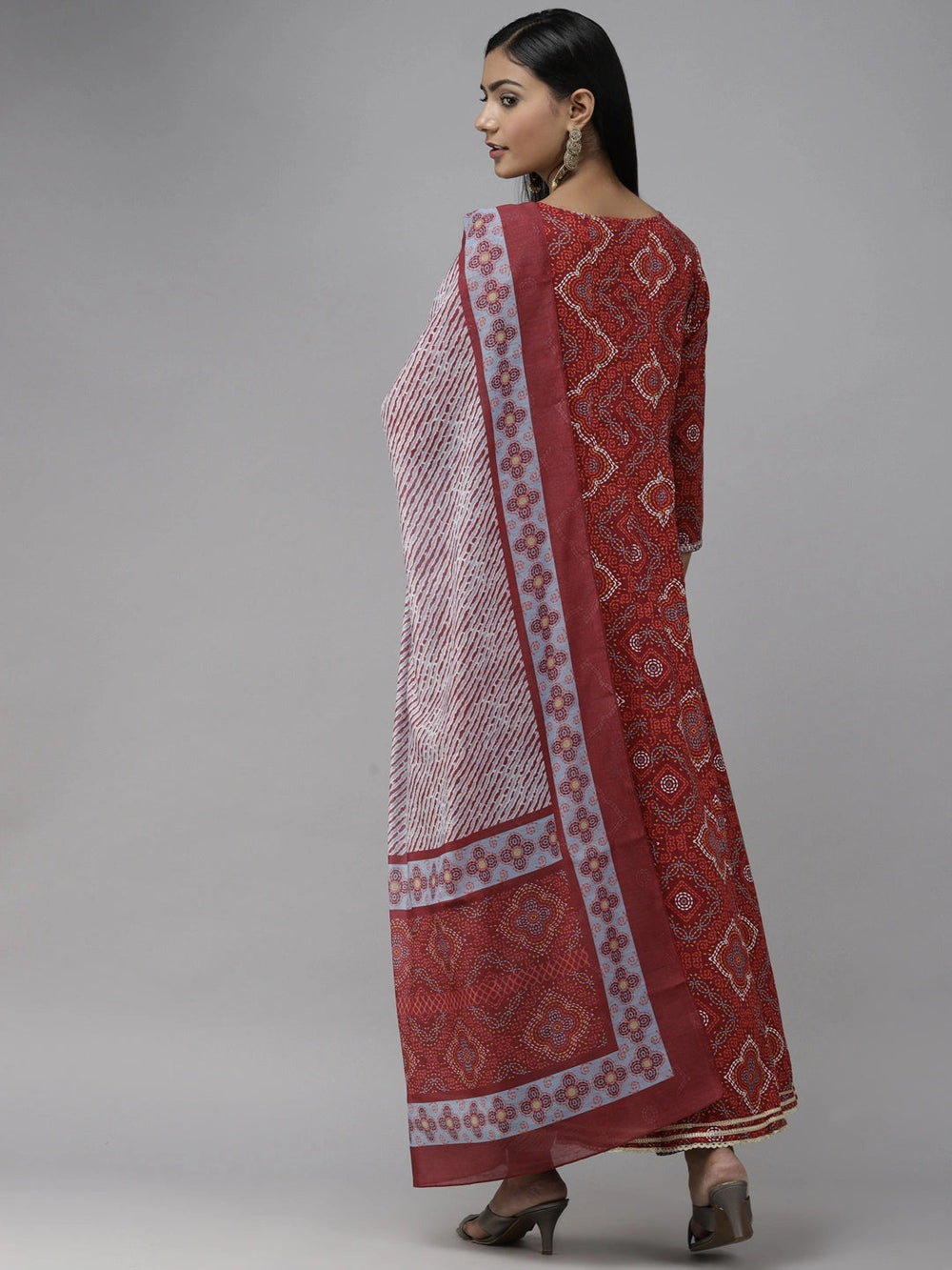 Red Printed Panelled Dupatta Set