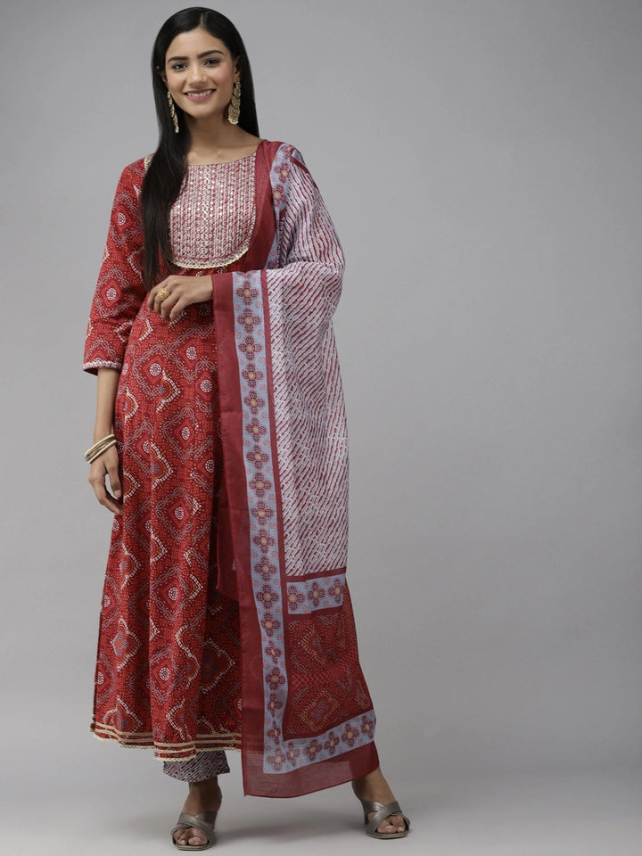 Red Printed Panelled Dupatta Set-Yufta Store-2326SKDRDS