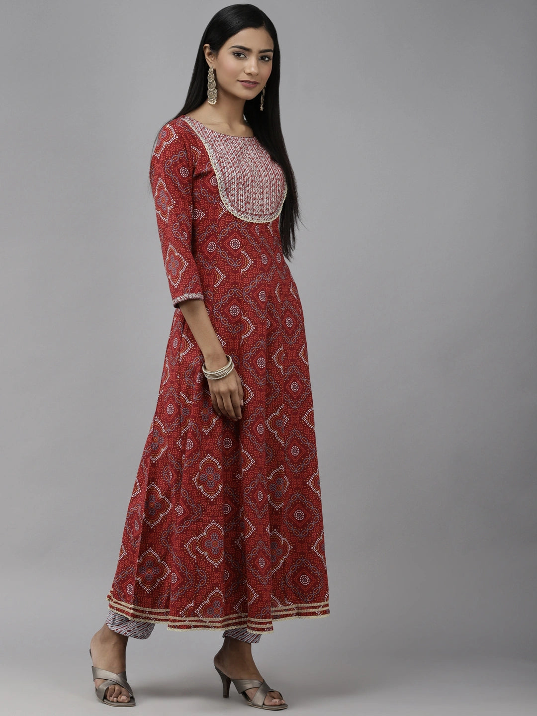 Red Printed Panelled Dupatta Set-Yufta Store-2326SKDRDS